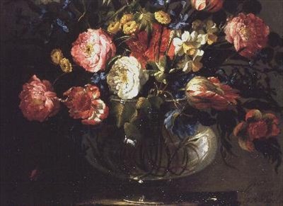 Rosas, tulipanes, jacintos y jazmín en un jarrón de vidrio de Juan de Arellano