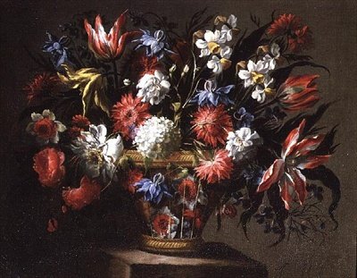 Naturaleza muerta de tulipanes, narcisos y otras flores en una cesta de Juan de Arellano