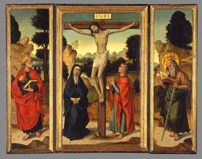 Crucifixión con la Virgen y los santos Juan el Evangelista, Pedro y Pablo, c.1520-1540 de Juan de Borgoña