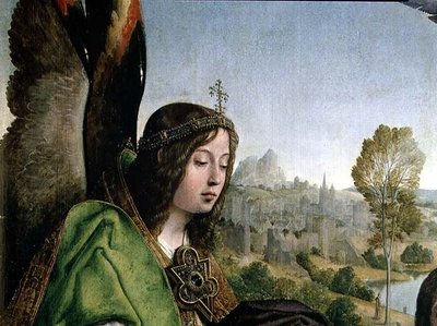 Bautismo de Cristo, detalle de la cabeza de un ángel de Juan de Flandes