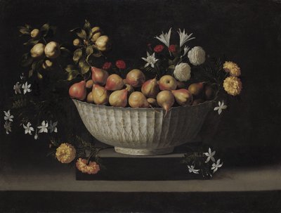 Flores y frutas en un cuenco de porcelana, c.1645 de Juan de Zurbaran