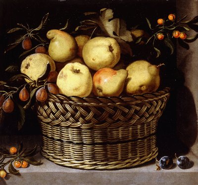 Una cesta de mimbre con frutas en un saliente de piedra de Juan van der Hamen y Leon