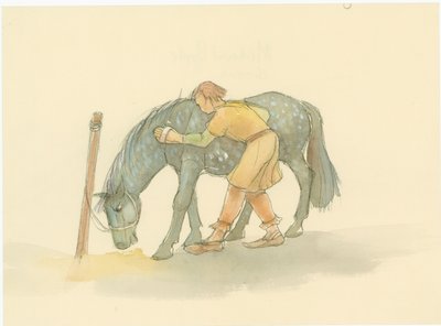Un mozo medieval cepillando un caballo, 2004 de Judith Dobie