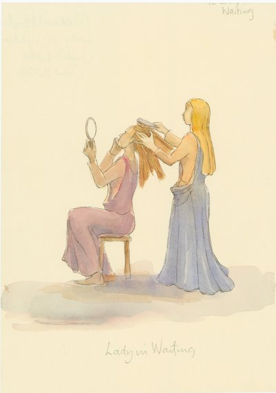 Una dama medieval en espera, cepillando el cabello de una dama de Judith Dobie