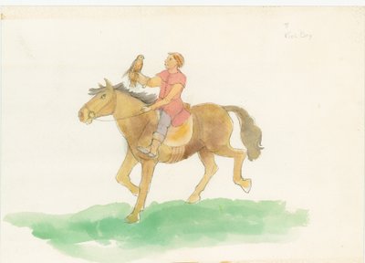 Un hombre medieval, mostrado montando un caballo con un ave de presa en su brazo, 2004 de Judith Dobie