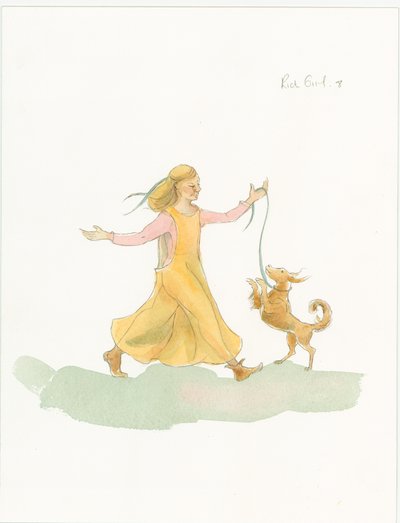 Una mujer medieval jugando con un perro, 2004 de Judith Dobie