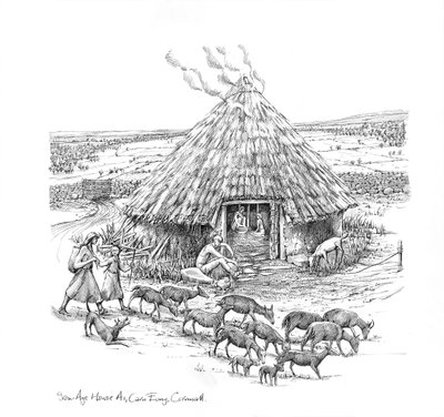 Granjeros y un rebaño de cabras fuera de la casa redonda de la Edad de Hierro, c. 1990-2010 de Judith Dobie