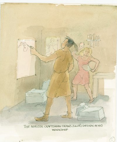 El maestro artesano dibuja diseños para el piso de mosaico de Julia, 2003 de Judith Dobie