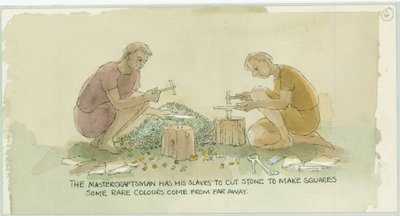 Dos personajes cortando piedra para hacer pequeños cuadrados para el mosaico, 2003 de Judith Dobie