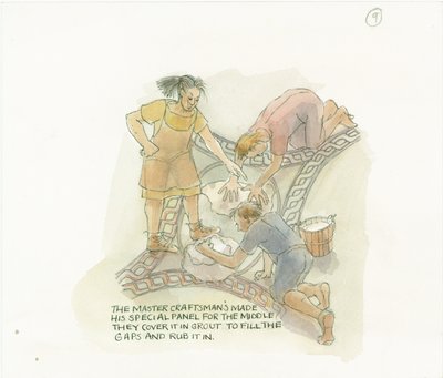Dos trabajadores rejuntando un panel de piso hecho y supervisado por el maestro artesano de Judith Dobie