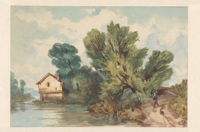 Paisaje con excursionista y casa frente al mar de Judith Ph. Metelerkamp (signed by artist)