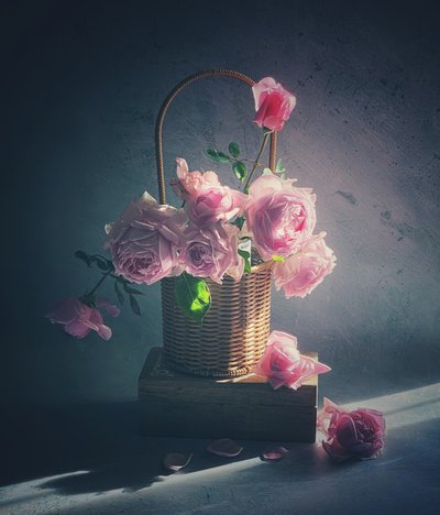 Cesta de rosas rosas de Judy Tseng