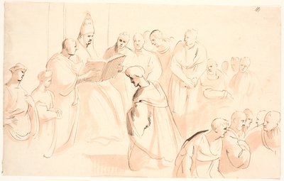 Composición de figuras alrededor de un papa entronizado y leyendo de Jürgen Ovens