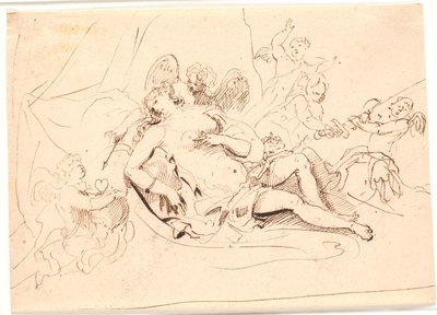 Figura de Venus descansando, rodeada de seis putti jugando con espada, flecha y corazón de Jürgen Ovens