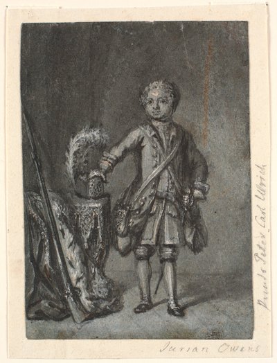 Retrato de niño de pie con equipo de caza; a la izquierda, mesa con sombrero de caza y rifle de cañón largo. ¿Príncipe Peter Carl Ulrich? de Jürgen Ovens