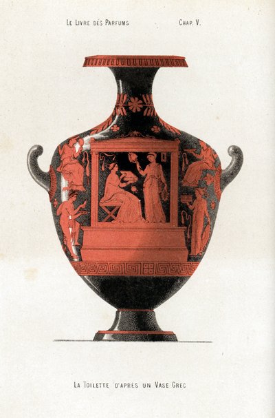 Vaso griego decorando a una mujer en su tocador con una caja de cosméticos y perfumes asistida por una esclava que agita un abanico de Jules (after) Cheret