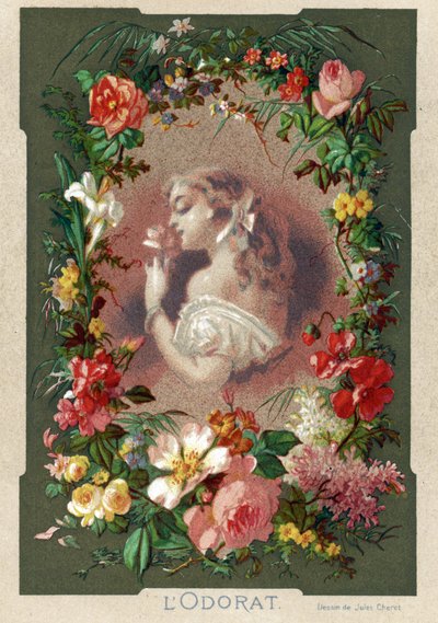 El olfato, mujer oliendo una flor en un decorado de rosas, lirios y tulipanes de Jules (after) Cheret
