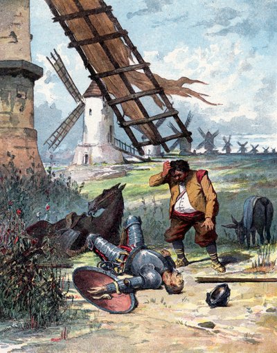 Don Quijote ha luchado con molinos de viento y ha caído de su caballo, Sancho Panza mira a su amo, ilustración del libro de Miguel de Cervantes "Histoire de Don Quichotte", grabado según Jules David de Jules (after) David