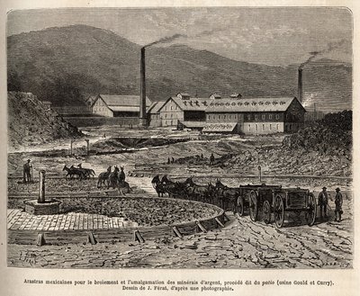 Arastras mexicanas (área pisoteada por los pies de las mulas, como para el pisado del trigo) para la molienda y amalgamación de minerales de plata (fábricas de Gould y Curry) en las cercanías de Virginia City (Nevada), grabado después del dibujo de J.Ferat de Jules (after) Ferat