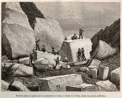 Mormones tallando granito para la construcción del templo. Grabado según el dibujo de J. Ferat, para ilustrar la historia La conquista blanca, por William Hepworth Dixon, en 1875, publicado en Le tour du monde, 1876, editado por Edouard Charton, edición Ha de Jules (after) Ferat