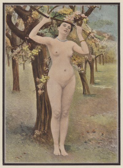 Primavera, mujer con flor de árbol (litografia de color) de Jules (after) Scalbert