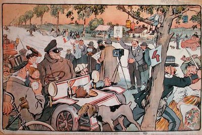 Caricatura de M. Fournier partiendo en el rally París-Berlín de Jules Abel Faivre