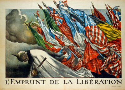 Primera Guerra Mundial: "El Préstamo de la Liberación", Guillermo II (1859 - 1941) inclinado bajo banderas aliadas. Ilustración de Abel Faivre (1867-1945) de Jules Abel Faivre