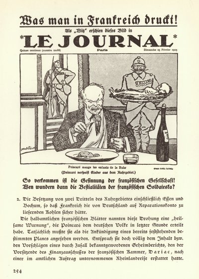 Propaganda alemana que muestra la portada de un periódico francés con una caricatura del Primer Ministro Raymond Poincare comiendo a los niños del Ruhr durante la ocupación francesa de la región de Jules Abel Faivre