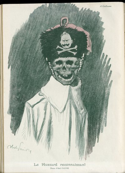 Ilustración de Abel Faivre (1867-1945) en "Fantasio", 01/05/15 - El húsares agradecido - Guerra del 14-18, Alemania Prusiana - Guillermo II, Segador/Compañero - Muerte, Caras sonrientes de Jules Abel Faivre