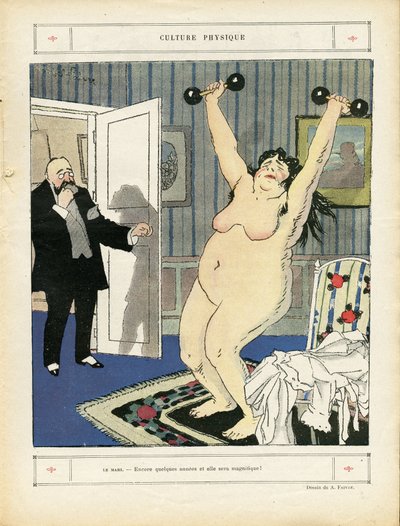 Ilustración en Le Rire, 03/05/13 - Cultura Física - Deporte, Obesidad, Desnudez - Mujeres de Jules Abel Faivre