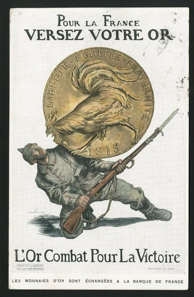Postal, Satírico en colores, circa 1915: Por Francia, Vierte tu oro - Guerra del 14-18, Alemania Prusia, Plata, Beligerantes y símbolos, Victoria, Préstamo, Jornadas patrióticas - Gallo - Ilustración de Abel Faivre (1867-1945) de Jules Abel Faivre
