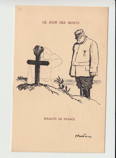 Postal, Satírico en N & B, ca. 1915: Día de los Muertos - Guerra del 14-18, Luto Funerales - Joffre, Soldados Ilustración de Abel Faivre de Jules Abel Faivre