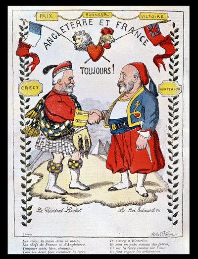 La Entente Cordiale entre Francia y Gran Bretaña: caricaturas del presidente Loubet (1838-1929) y el rey Eduardo VII (1841-1910), ilustración de 