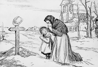 Viuda y su pequeña hija llorando sobre la tumba de su padre y esposo durante la Primera Guerra Mundial, 1 de noviembre de Jules Abel Faivre