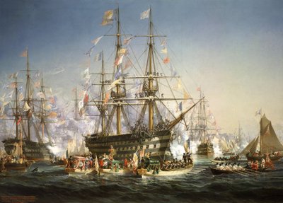 Napoleón III recibe a la reina Victoria en Cherburgo, Francia, 5 de agosto de 1858 de Jules Achille Noel