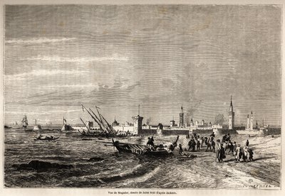 Vista de Essaouira (anteriormente Mogador), dibujo de Jules Noel (1810-1881), para ilustrar el viaje de Mr.F. Schickler a Marruecos en 1860. Grabado en “Le tour du monde, nuevo diario de viajes” París de Jules Achille Noel