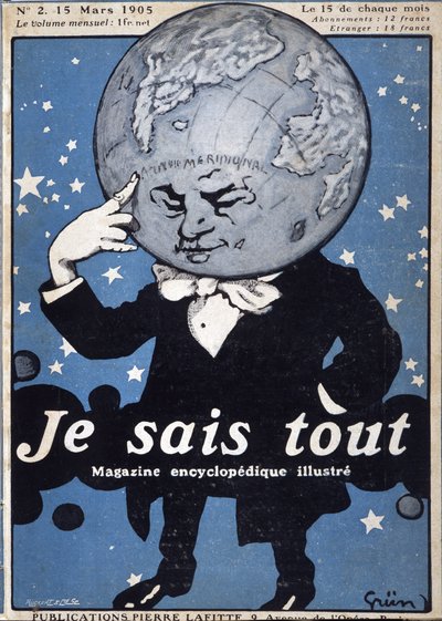 Globo terráqueo pensante - en "Je Sais Tout" del 15/03/1905 - ilustración de Jules Grun 1868-1938 de Jules Alexandre Gruen or Grun