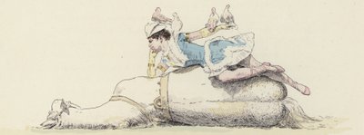 Artista de circo, acostada sobre un caballo, con palomas en su brazo y cabeza (litografía en color) de Jules Arsene (after) Garnier