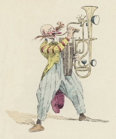 Payaso tocando un instrumento musical inusual (litografía en color) de Jules Arsene (after) Garnier