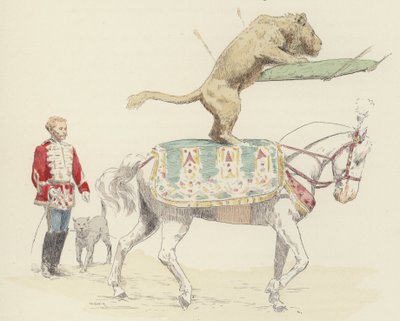 León equilibrándose sobre un caballo (litografía en color) de Jules Arsene (after) Garnier