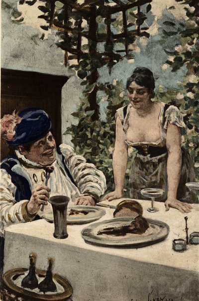 Gargantúa comiendo, una mujer le sirve la comida. Gargantúa. Ilustración de Jules Garnier. En "Rabelais et l