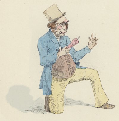 Payaso masculino, disfrazado de mono, sosteniendo un plátano de Jules Arsene Garnier