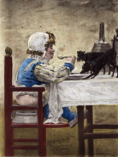 Los perros de Grandbuckthorn, el padre de Gargantúa, comiendo en el plato de Gargantúa. Gargantúa. Ilustración de Jules Garnier. En "Rabelais et l