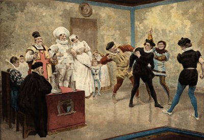 Dos hombres golpean a un chiquano. Asisten a la escena: el panadero Loyre y su esposa vestidos de boda (en el centro), el señor de Basche y el cura Oudart. Pantagruel. Ilustración de Jules Garnier. En "Rabelais et l