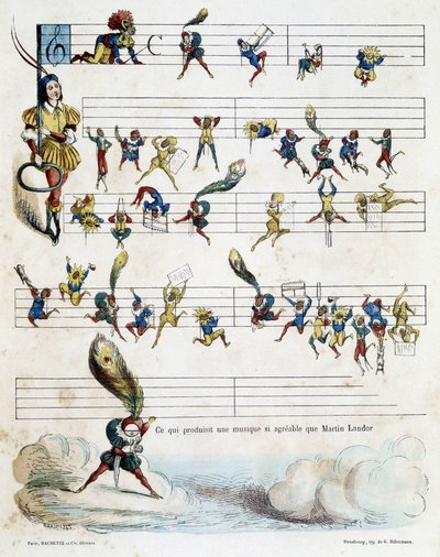 Notas de música en una partitura, dibujo de Baric de 1862 para ilustrar el libro infantil de Kroknotski que narra la historia de Martin Landor. de Jules Baric