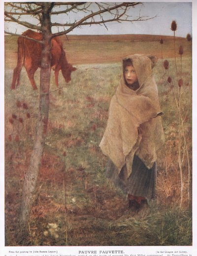 Francia, pequeña; niña; Fauvette; vaca; rural; pobre; ropa de Jules Bastien Lepage