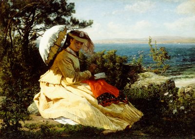 La mujer con la sombrilla; Bahía de Douarnenez, 1871 de Jules Breton