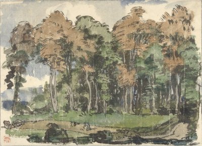 Carretera al borde de un bosque, con paisanos trabajando de Jules Chadel