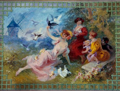 Alegoría del aire representando a jóvenes y pájaros de Jules Cheret