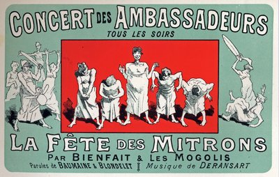 Arte. Entretenimiento. Fiesta de los chicos panaderos en el Cabaret: Concierto de los Embajadores, París. Póster de Jules Chéret, Francia, c.1880 de Jules Cheret